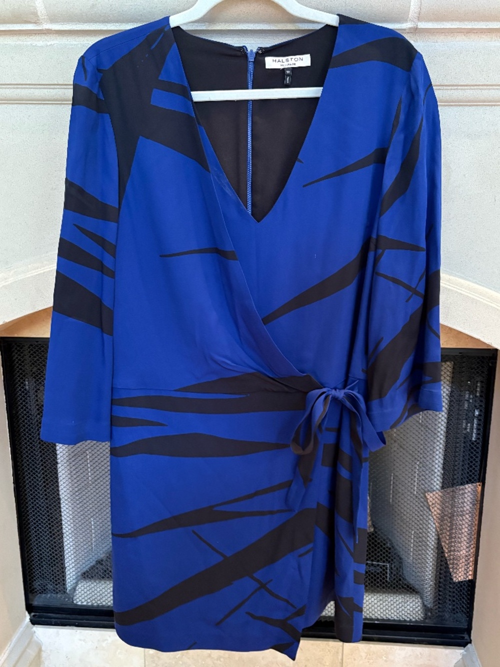 Halston Heritage Cobalt Blue & Black Print Silk-Blend Wrap Dress — Size 12
